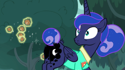 Size: 1920x1080 | Tagged: safe, screencap, princess luna, alicorn, pony, between dark and dawn, g4, alternate hairstyle, bags under eyes, burdock, burrs, butt, clothes, female, fetish fuel, folded wings, fur, hawaiian shirt, literal butthurt, magic, magic aura, mare, moonbutt, offscreen character, ouch, pain, plot, ponytail, shirt, solo, surprised, telekinesis, wide eyes, wings