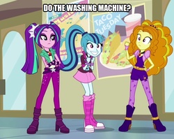 Size: 628x500 | Tagged: safe, edit, edited screencap, screencap, adagio dazzle, aria blaze, sonata dusk, equestria girls, g4, my little pony equestria girls: rainbow rocks, boots, caption, clothes, high heel boots, image macro, leggings, pigtails, ponytail, shoes, skirt, socks, taco tuesday, text, the dazzlings, twintails