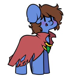 Size: 1151x1288 | Tagged: safe, artist:spoopygander, oc, oc only, oc:bizarre song, pegasus, pony, blushing, cape, chibi, clothes, cute, happy, hidden wings, jewelry, male, smiling, solo, stallion