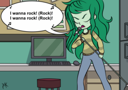 Size: 2893x2039 | Tagged: safe, artist:pony4koma, edit, wallflower blush, equestria girls, equestria girls series, forgotten friendship, g4, computer, high res, i wanna rock, keyboard, lyrics, microphone, monitor, singing, song reference, text, twisted sister