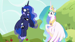 Size: 1920x1080 | Tagged: safe, screencap, princess celestia, princess luna, alicorn, pony, between dark and dawn, g4, season 9, duo, ethereal mane, faic, female, flying, grin, mare, royal sisters, siblings, sisters, smiling, starry mane