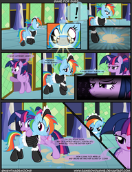 Size: 4000x5200 | Tagged: safe, artist:nightmaremoons, pinkie pie, rainbow dash, twilight sparkle, alicorn, pony, g4, alcohol, angry, butt, cider, clothes, comic, dashsub, denied, dialogue, exclamation point, fail, female, femdom, femsub, food, funny, grammar error, lesbian, maid, mare, mistress, mouth hold, plot, question mark, ship:twidash, shipping, show accurate, submissive, tray, twidom, twilight sparkle (alicorn), voyeurism, when you see it
