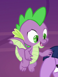 Size: 403x532 | Tagged: safe, screencap, spike, twilight sparkle, alicorn, dragon, pony, between dark and dawn, g4, claws, comforting, cropped, flying, male, offscreen character, spread wings, toes, twilight sparkle (alicorn), winged spike, wings