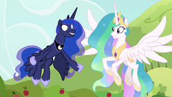 Size: 1920x1080 | Tagged: safe, screencap, princess celestia, princess luna, alicorn, pony, between dark and dawn, g4, duo, ethereal mane, faic, female, grin, hoof shoes, mare, peytral, royal sisters, siblings, sisters, smiling, spread wings, starry mane, wings