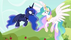 Size: 1920x1080 | Tagged: safe, screencap, princess celestia, princess luna, pony, between dark and dawn, g4, faic, flying, grin, happy, looking at each other, smiling