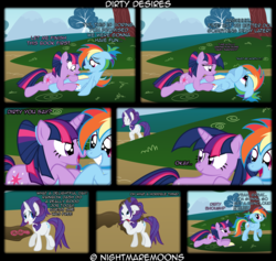 Size: 4000x3785 | Tagged: safe, artist:nightmaremoons, rainbow dash, rarity, twilight sparkle, pegasus, pony, unicorn, g4, alternate hairstyle, blushing, book, boop, dialogue, engrish, eye contact, eyes closed, female, frown, grin, lesbian, levitation, lidded eyes, looking at each other, looking back, magic, mare, mud, nose wrinkle, noseboop, on back, open mouth, prone, raised hoof, ship:twidash, shipping, show accurate, sitting, smiling, smirk, squee, telekinesis, text, unicorn twilight, walking, wide eyes