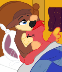Size: 400x462 | Tagged: safe, artist:volcanicdash, pony, banjo kazooie, banjo the bear, base used, crossover, cuddling, duo, kazooie, ponified, video game, waking up