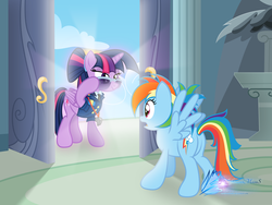 Size: 8000x6000 | Tagged: safe, artist:nightmaremoons, rainbow dash, twilight sparkle, alicorn, pegasus, pony, g4, absurd resolution, alternate hairstyle, bedroom eyes, butt, clothes, female, lesbian, mare, necktie, open mouth, plot, raised hoof, ship:twidash, shipping, show accurate, spitfire's tie, suit, sunglasses, twilight sparkle (alicorn), uniform, whistle, wonderbolts, wonderbolts dress uniform