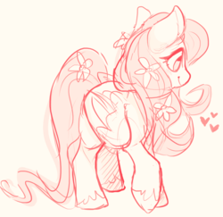 Size: 1280x1243 | Tagged: safe, artist:fawnshy, fluttershy, pegasus, pony, g4, female, flower, flower in hair, heart, mare, monochrome, raised hoof, simple background, sketch, smiling, solo, white background