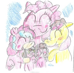 Size: 1006x989 | Tagged: safe, artist:ptitemouette, pinkie pie, oc, oc:cheese cake, oc:cheese party, oc:coquillage, oc:surprise, hybrid, g4, female, hug, interspecies offspring, magical lesbian spawn, mother and child, mother and daughter, offspring, parent:cheese sandwich, parent:pinkie pie, parent:princess skystar, parents:cheesepie, parents:skypie, siblings