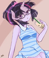 Size: 1720x2048 | Tagged: safe, artist:mohrm_mlp2, sci-twi, twilight sparkle, unicorn, anthro, equestria girls, g4, anime, clothes, cup, cute, dress, drink, female, glasses, looking at you, solo