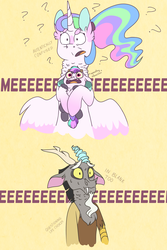 Size: 2000x3000 | Tagged: safe, artist:glitterstar2000, discord, princess celestia, oc, oc:nayade, hybrid, g4, alternate hairstyle, baby, confused, descriptive noise, draconequus hybrid, ear fluff, even discord is confused, family, female, high res, interspecies offspring, male, neck fluff, offspring, parent:discord, parent:princess celestia, parents:dislestia, ponytail, question mark, screaming, ship:dislestia, shipping, simple background, straight, yellow background