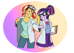 Size: 2340x1672 | Tagged: safe, artist:stratus35, sci-twi, sunset shimmer, twilight sparkle, human, equestria girls, g4, best friends, bowtie, clipboard, clothes, cute, dress, duo, experiment, female, genius, glasses, grin, lab coat, lesbian, pleated skirt, ponytail, safety goggles, shimmerbetes, ship:sci-twishimmer, ship:sunsetsparkle, shipping, skirt, smiling, twiabetes