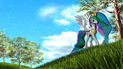 Size: 7850x4415 | Tagged: safe, artist:backmaker, princess celestia, pony, g4, 3d, female, looking at you, nature, sky, solo, source filmmaker, tree, walking