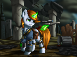 Size: 3000x2222 | Tagged: safe, artist:shido-tara, oc, oc only, oc:littlepip, pony, unicorn, fallout equestria, clothes, cloud, cloudy, commission, ear fluff, fanfic, fanfic art, female, glowing horn, gritted teeth, gun, handgun, high res, hooves, horn, jumpsuit, levitation, little macintosh, magic, mare, optical sight, pipbuck, raised hoof, revolver, ruins, saddle bag, solo, telekinesis, vault suit, wasteland, weapon