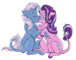 Size: 1149x905 | Tagged: safe, artist:shimazun, starlight glimmer, trixie, classical unicorn, pony, unicorn, cloven hooves, duo, eyes closed, female, kiss on the lips, kissing, leonine tail, lesbian, mare, shipping, startrix, traditional art, unshorn fetlocks