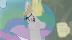 Size: 800x452 | Tagged: safe, artist:brutalweather studio, princess celestia, alicorn, pony, g4, animated, female, gif, glowing horn, horn, magic, mug, show accurate, solo, sweat, sweating profusely, worried, youtube link