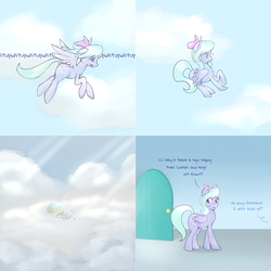 Size: 2562x2562 | Tagged: safe, artist:marikaefer, cloudchaser, flitter, pegasus, pony, ask flitter and cloudchaser, g4, comic, door, female, flying, high res, mare, offscreen character