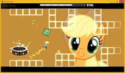 Size: 1179x695 | Tagged: safe, applejack, fluttershy, earth pony, pony, robot, g4, cube, cute, geometry dash, jackabetes, square