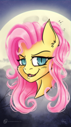 Size: 1080x1920 | Tagged: safe, artist:obscuredragone, fluttershy, bat pony, pegasus, pony, vampire, bats!, g4, bat ears, bat eyes, bust, fangs, female, fluffy, happy, mane, moon, phone wallpaper, pink mane, portrait, sassyshy, smiling, solo, wallpaper