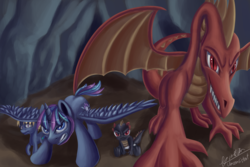 Size: 3000x2000 | Tagged: safe, artist:theunconsistentone, oc, oc only, oc:eclipse storm, alicorn, dragon, pony, alicorn oc, angry, cave, family, high res, threatening