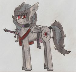 Size: 1361x1286 | Tagged: safe, artist:infinita est lux solis, oc, oc:ink carmine, bat pony, pony, bag, collar, enhanced traditional art, mailbag, sash, sword, traditional art, weapon