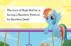 Size: 2090x1370 | Tagged: safe, rainbow dash, pegasus, pony, g4, my little pony: rainbow roadtrip, spoiler:book, cute, dashabetes, implied hope hollow, solo focus, text