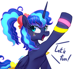 Size: 3751x3505 | Tagged: safe, artist:maren, princess luna, alicorn, pony, between dark and dawn, g4, 80s, 80s princess luna, alternate hairstyle, dialogue, doodle, engrish, eyeliner, female, fun, grammar error, high res, makeup, mare, open mouth, ponytail, simple background, smiling, solo, white background