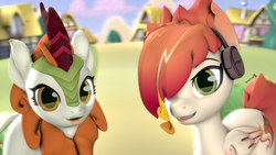 Size: 1920x1080 | Tagged: safe, artist:spinostud, autumn blaze, oc, oc:tomyum, kirin, pegasus, pony, 3d, duo, female, gift art, headphones, looking at you, smiling, source filmmaker, tongue out