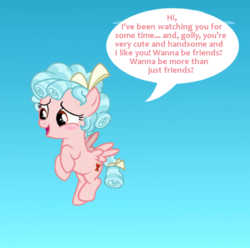 Size: 604x600 | Tagged: safe, artist:lunaticdawn, edit, cozy glow, pegasus, pony, g4, blushing, female, filly, flying, foal, golly, offscreen character, solo, speech bubble, this will not end well
