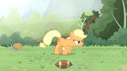 Size: 1702x957 | Tagged: safe, artist:brutalweather studio, applejack, earth pony, pony, ponyville's incident, g4, american football, broken leg, female, forest, mare, show accurate, solo, sports, stretching