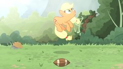 Size: 1702x957 | Tagged: safe, artist:brutalweather studio, applejack, earth pony, pony, ponyville's incident, g4, american football, cartoon physics, derp, forest, great moments in animation, midair, show accurate, sports, stretching, this isn't even my final form