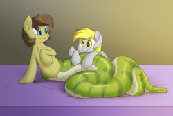 Size: 4500x3000 | Tagged: safe, artist:fluffyxai, derpy hooves, oc, oc:saria, original species, pony, snake, g4, confused, smiling, tail