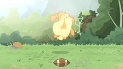 Size: 1702x957 | Tagged: safe, artist:brutalweather studio, applejack, earth pony, pony, ponyville's incident, g4, american football, derp, face down ass up, forest, midair, show accurate, sports, stretching