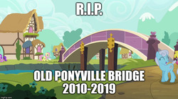 Size: 888x499 | Tagged: safe, edit, edited screencap, screencap, amethyst star, angel bunny, cherry berry, fluttershy, linky, shoeshine, sparkler, earth pony, pony, between dark and dawn, g4, bridge, female, mare, ponyville, rest in peace