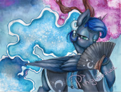 Size: 1029x781 | Tagged: safe, artist:pingwinowa, princess luna, alicorn, pony, g4, blushing, clothes, ear piercing, earring, fan, female, hand fan, jewelry, kimono (clothing), lidded eyes, looking at you, mare, paper fan, piercing, solo, traditional art, watercolor painting