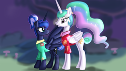 Size: 1280x720 | Tagged: safe, artist:jbond, princess celestia, princess luna, alicorn, pony, between dark and dawn, g4, alternate hairstyle, clothes, dress, duo, female, forest, mare, royal sisters, scene interpretation, siblings, sisters