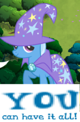 Size: 292x444 | Tagged: safe, artist:horsesplease, gameloft, trixie, pony, g4, bronybait, cape, caption, clothes, expand dong, exploitable meme, female, good end, hat, image macro, meme, text, trixie's cape, trixie's hat