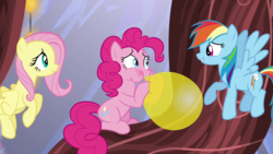Size: 640x360 | Tagged: safe, screencap, fluttershy, pinkie pie, rainbow dash, earth pony, pegasus, pony, g4, the one where pinkie pie knows, balloon, blowing up balloons, chandelier, female, hyperventilating, mare, moments before disaster, puffy cheeks, smiling, trio