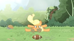 Size: 1702x957 | Tagged: safe, artist:brutalweather studio, applejack, pony, ponyville's incident, american football, derp, forest, gritted teeth, landing, literal butthurt, lol, show accurate, smack, smack dat ass, sports, this is going to hurt, this will end in pain