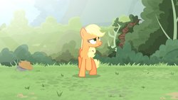 Size: 1702x957 | Tagged: safe, artist:brutalweather studio, applejack, pony, ponyville's incident, forest, funny, lol, show accurate, silly, silly face, silly pony, sports, who's a silly pony