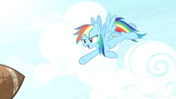 Size: 1702x957 | Tagged: safe, artist:brutalweather studio, rainbow dash, pony, g4, american football, cloud, flying, midair, show accurate, sky, sports, throwing