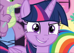 Size: 1310x939 | Tagged: safe, screencap, fluttershy, rainbow dash, spike, twilight sparkle, alicorn, dragon, pegasus, pony, between dark and dawn, g4, close-up, confident, cropped, faic, female, folded wings, fork, grin, male, mare, raised eyebrow, smiling, smirk, solo focus, toes, twilight sparkle (alicorn), winged spike, wings