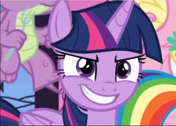 Size: 1310x942 | Tagged: safe, screencap, fluttershy, rainbow dash, spike, twilight sparkle, alicorn, dragon, pegasus, pony, between dark and dawn, g4, close-up, cropped, determined, evil grin, faic, female, grin, male, mare, smiling, solo focus, teeth, twilight sparkle (alicorn), winged spike, wings