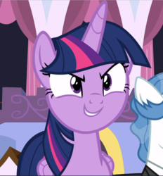 Size: 874x940 | Tagged: safe, screencap, fancypants, twilight sparkle, alicorn, pony, between dark and dawn, g4, cropped, determined, faic, female, grin, offscreen character, smiling, solo focus, twilight sparkle (alicorn)