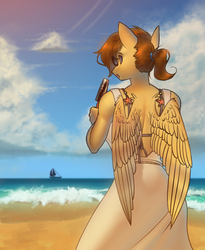 Size: 2000x2438 | Tagged: safe, artist:klooda, oc, oc only, oc:soaring heart, pegasus, anthro, beach, boat, clothes, cloud, dress, eating, female, food, high res, ice cream, looking at you, looking back, looking back at you, mare, ocean, ponytail, sailboat, sand, solo, sunglasses, sunlight, wave, wings, ych result