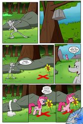 Size: 1024x1536 | Tagged: safe, artist:cartoon-eric, pinkie pie, oc, oc:fred wolfbane, pony, comic:pink. it's what's for dinner, g4, comic, flower, male, rope, safe (object), sunflower, trap (device), x