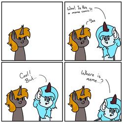 Size: 1000x1000 | Tagged: safe, artist:mrneo, oc, oc only, oc:frost flare, oc:nuclear fusion, kirin, pony, unicorn, :o, comic, confused, dialogue, female, freckles, kirin oc, looking back, loss (meme), mare, meme, open mouth, simple background, smiling, white background