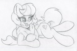 Size: 2478x1652 | Tagged: safe, artist:zemer, oc, oc only, oc:feather belle, pony, bell, bell collar, chest fluff, collar, draw me like one of your french girls, fluffy, hair tie, monochrome, solo, tongue out