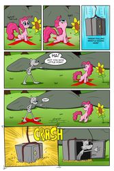 Size: 1024x1536 | Tagged: safe, artist:cartoon-eric, pinkie pie, oc, oc:fred wolfbane, earth pony, pony, comic:pink. it's what's for dinner, g4, cartoon physics, comic, flower, pinkie sense, safe (object), sitting, sunflower, x